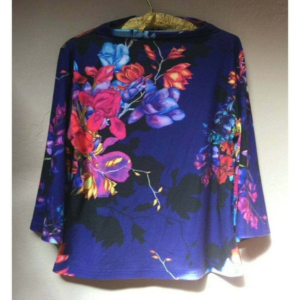 Guntina Womens 38 Small Multicolor Funnel Neck Floral Top Blouse Stretch Casual